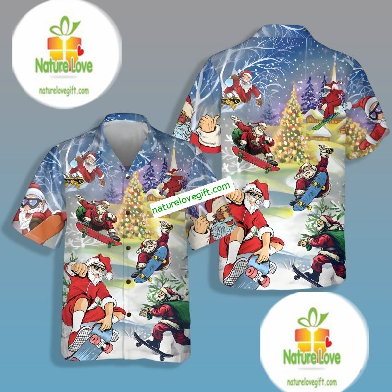 Santa Claus Skiing Blue Cotton Hawaiian - Adult & Kids T-Shirts, Sweatshirts & Hoodies apparel design preview 1