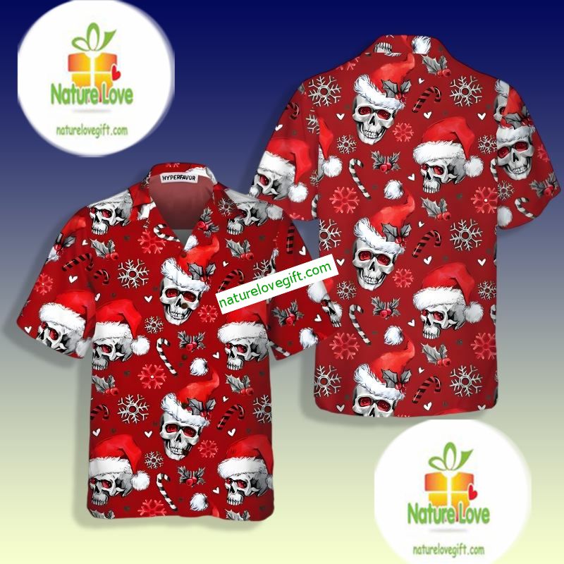 Santa Claus Skulls With Candy Canes Red Hawaiian - Adult & Kids T-Shirts, Sweatshirts & Hoodies apparel design preview 1