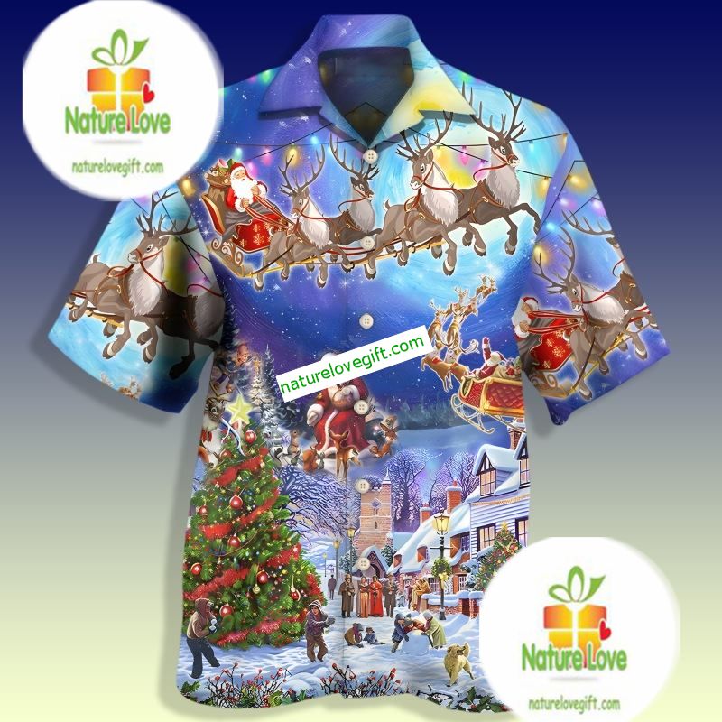 Santa Claus Snow Night Blue Retro Hawaiian - Adult & Kids T-Shirts, Sweatshirts & Hoodies apparel design preview 1