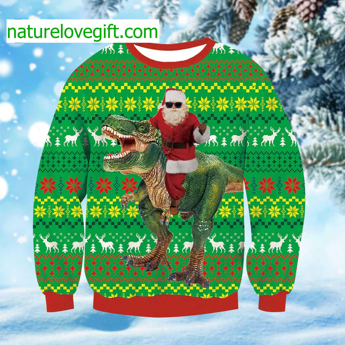Santa Riding Trex Ugly Christmas Sweater - Holiday Gift product image