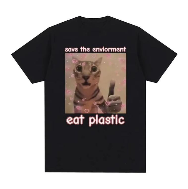 Save Environment Eat Plastic Cute Cat Funny - Adult & Kids T-Shirts, Sweatshirts & Hoodies apparel design preview 1