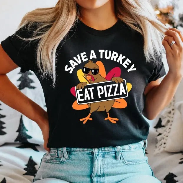 Save Turkey Eat Pizza Funny Thanksgiving Fall Dabbing - Adult & Kids T-Shirts, Sweatshirts & Hoodies apparel design preview 1