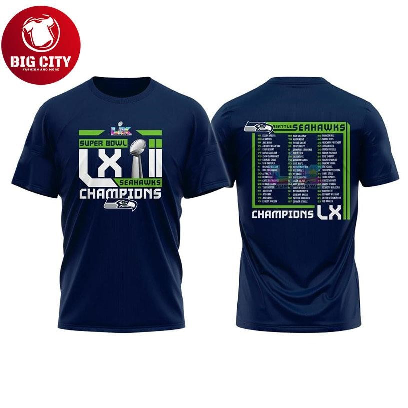 Seahawks S Bowl LX Champions Roster Two Sided - Adult & Kids T-Shirts, Sweatshirts & Hoodies apparel design preview 1