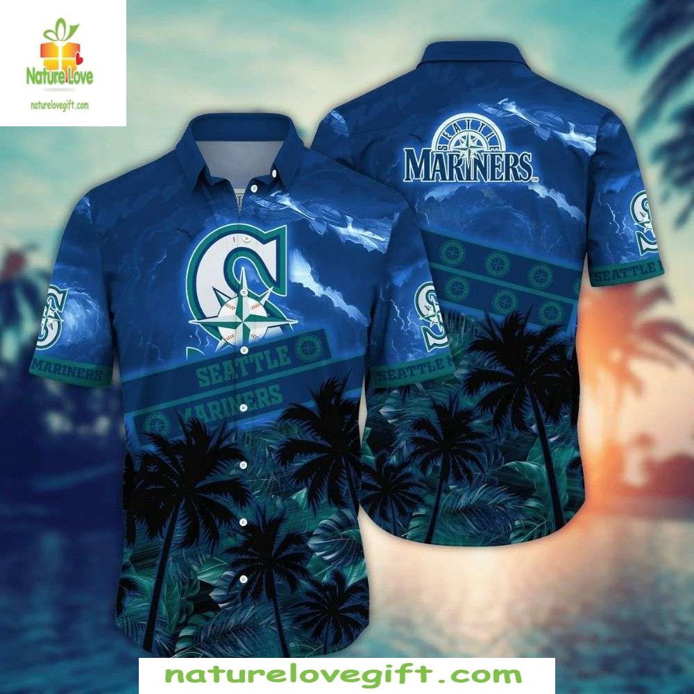 Seattle Mariners Hawaiian Classic Logo Tropical Navy - Adult & Kids T-Shirts, Sweatshirts & Hoodies apparel design preview 1