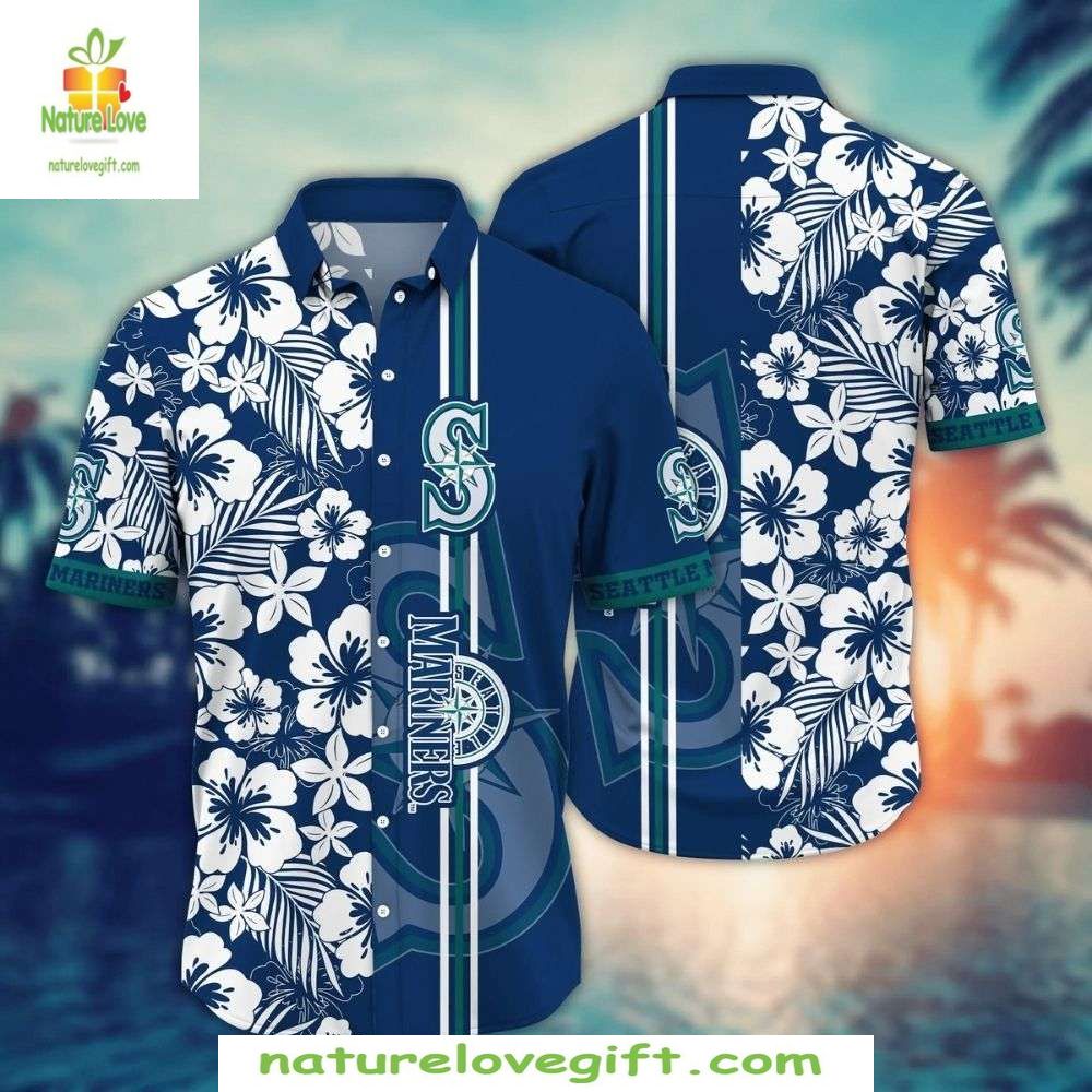 Seattle Mariners Hawaiian Floral Blue White Baseball - Adult & Kids T-Shirts, Sweatshirts & Hoodies apparel design preview 1