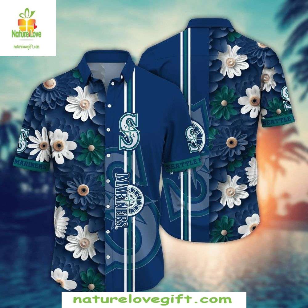 Seattle Mariners Hawaiian Floral Stripe Navy MLB - Adult & Kids T-Shirts, Sweatshirts & Hoodies apparel design preview 1