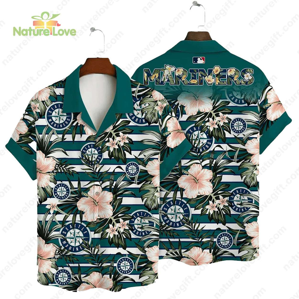 Seattle Mariners Hibiscus Tropical Flowers Stripe MLB - Adult & Kids T-Shirts, Sweatshirts & Hoodies apparel design preview 1