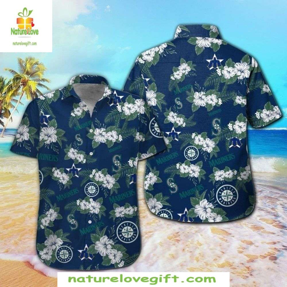 Seattle Mariners Hawaiian White Hibiscus Floral MLB - Adult & Kids T-Shirts, Sweatshirts & Hoodies apparel design preview 1