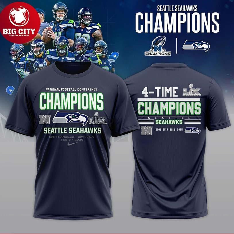 Seattle Seahawk NFC Champions 4-Time Champs 2025 Two - Adult & Kids T-Shirts, Sweatshirts & Hoodies apparel design preview 1