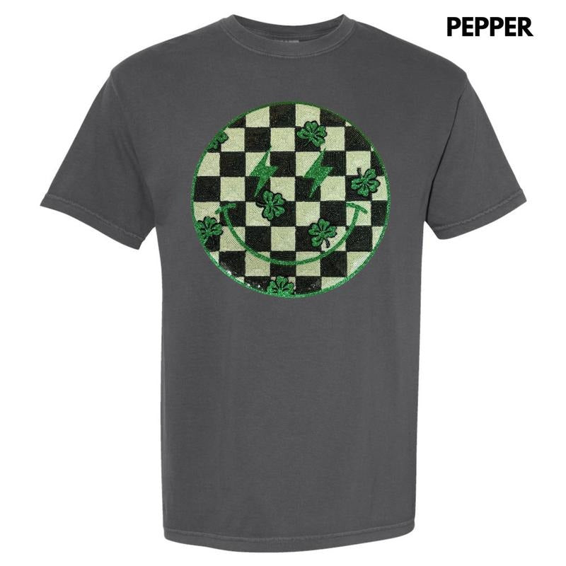 Sequin Shamrock Happy Face Patch Comfort Colors - Adult & Kids T-Shirts, Sweatshirts & Hoodies apparel design preview 1