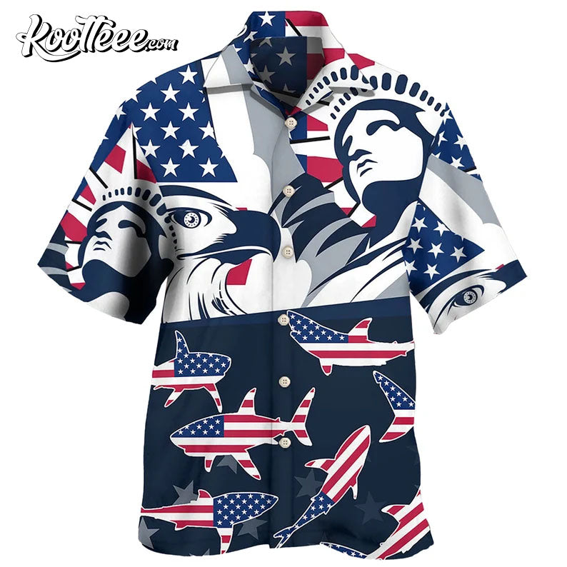 Shark America Independence Day Hawaiian - Adult & Kids T-Shirts, Sweatshirts & Hoodies apparel design preview 1