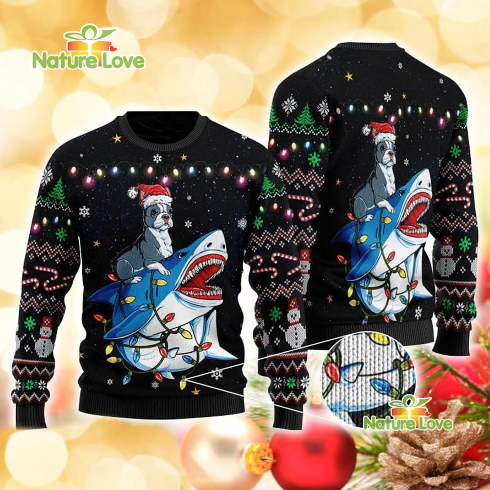 Shark Boston Terrier Funny Gift for Dog Lover Ugly Christmas Sweater - Holiday Gift product image