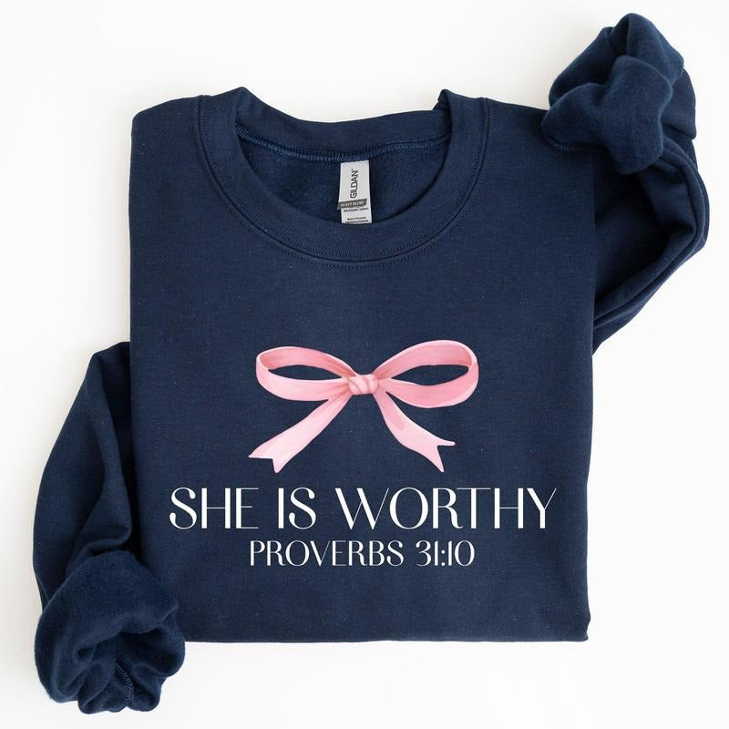 She Is Worthy Bible Verse Bow Pink Proverbs Soft Girl - Adult & Kids T-Shirts, Sweatshirts & Hoodies apparel design preview 1