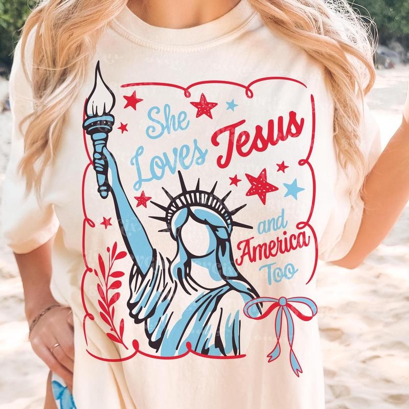 She Loves Jesus America Too Christian 4th July Faith - Adult & Kids T-Shirts, Sweatshirts & Hoodies apparel design preview 1