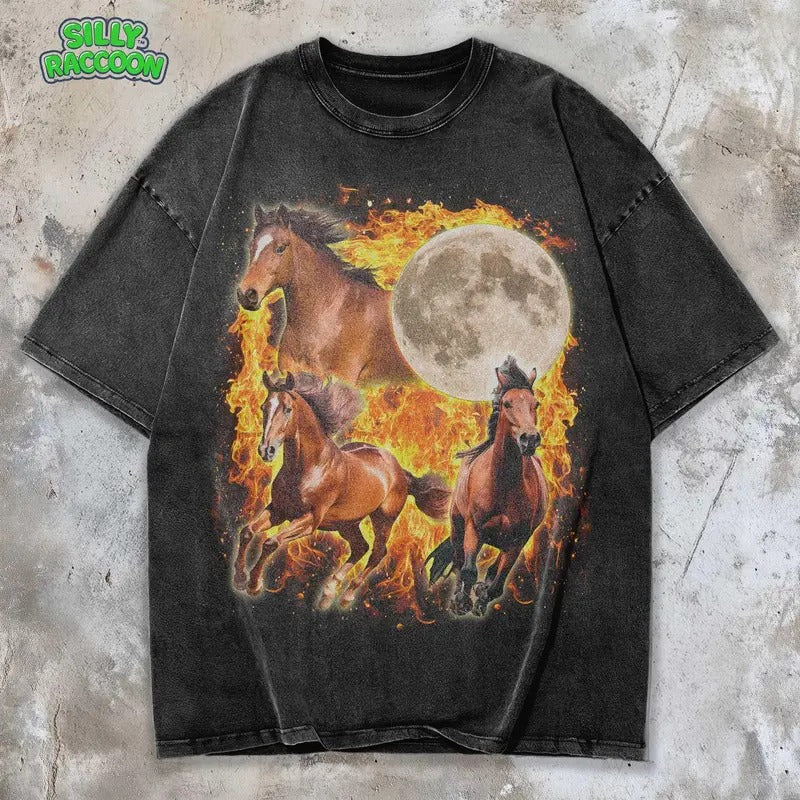 Silly Raccoon Wild Horse Vintage Moonlit Grunge - Adult & Kids T-Shirts, Sweatshirts & Hoodies apparel design preview 1