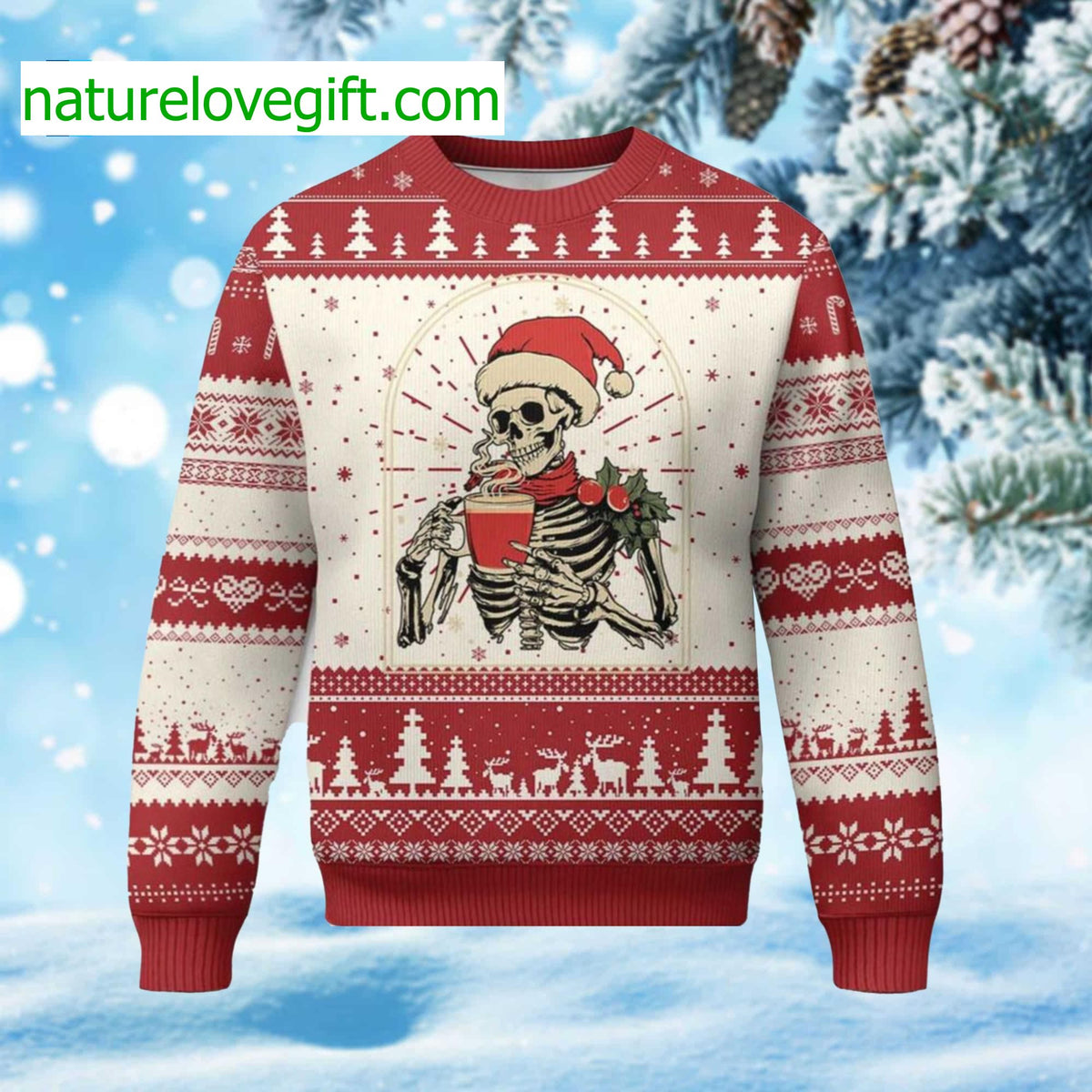 Skeleton Christmas Dead Inside But Caffeinated Coffee Addict Ugly Christmas Sweater - Holiday Gift product image
