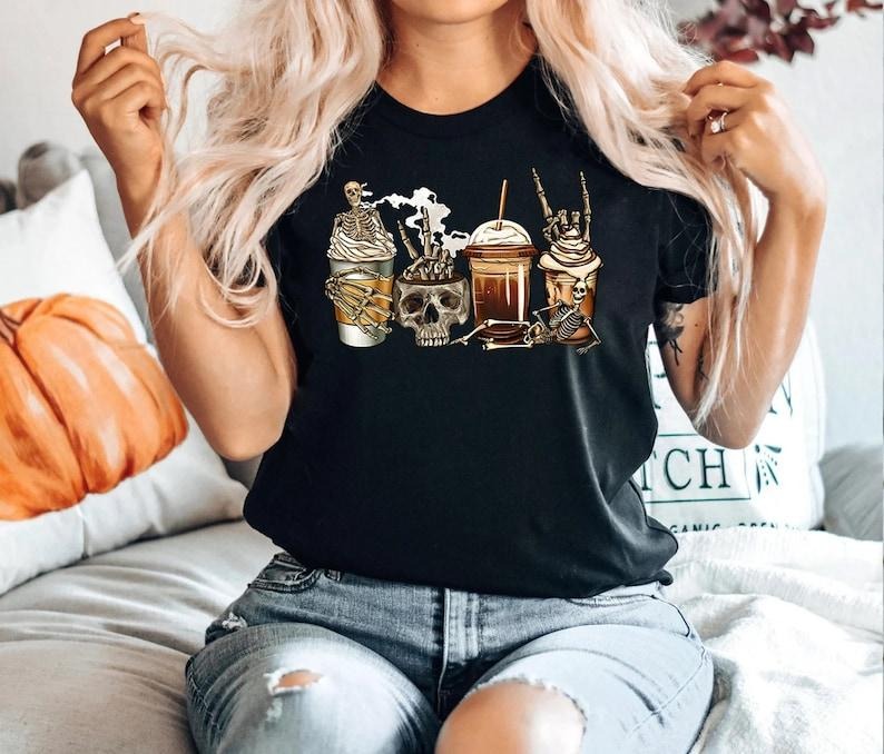 Skeleton Coffees Coffee Halloween Latte Fall - Adult & Kids T-Shirts, Sweatshirts & Hoodies apparel design preview 1