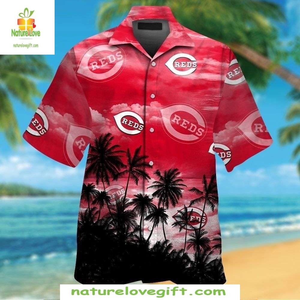 Cincinnati Reds Hawaiian Skyline Sunset Red MLB - Adult & Kids T-Shirts, Sweatshirts & Hoodies apparel design preview 1