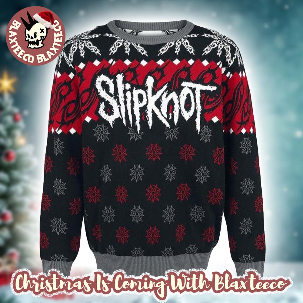 Slipknot Signature Logo With Tribal S Snowflakes Pattern Red And Grey Knitted Ugly Christmas Sweater - Holiday Gift product image