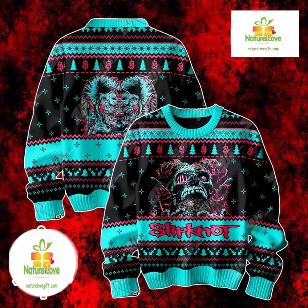 Slipknot Black Teal Skull Band Logo Knit Ugly Christmas Sweater - Holiday Gift product image