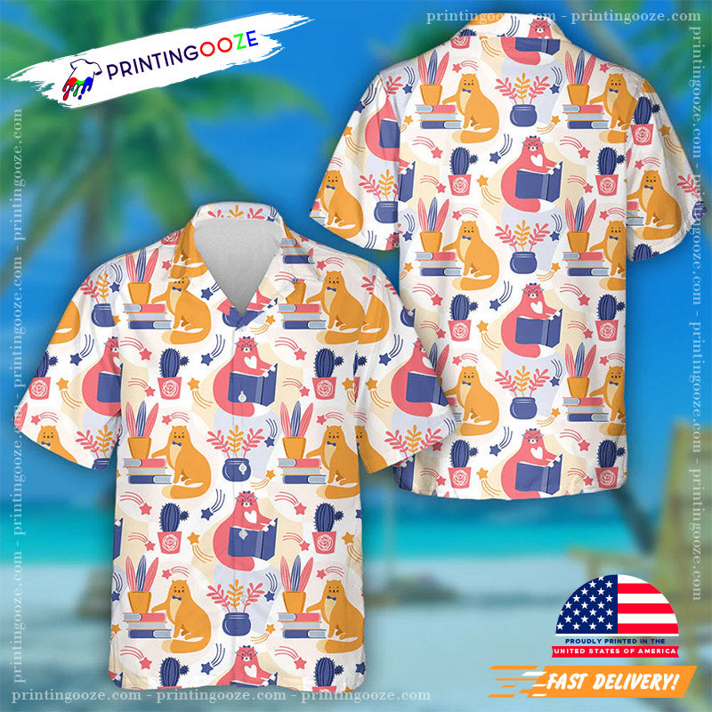Smart Pink And Orange Cat Reading A Book Hawaiian - Adult & Kids T-Shirts, Sweatshirts & Hoodies apparel design preview 1