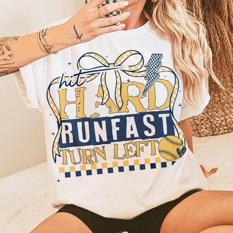 Softball Hit Hard Run Fast Swing Left Retro Saying - Adult & Kids T-Shirts, Sweatshirts & Hoodies apparel design preview 1