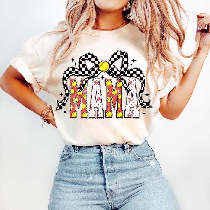 Softball Mama Coquette Game Day Bow Checkered Mom - Adult & Kids T-Shirts, Sweatshirts & Hoodies apparel design preview 1