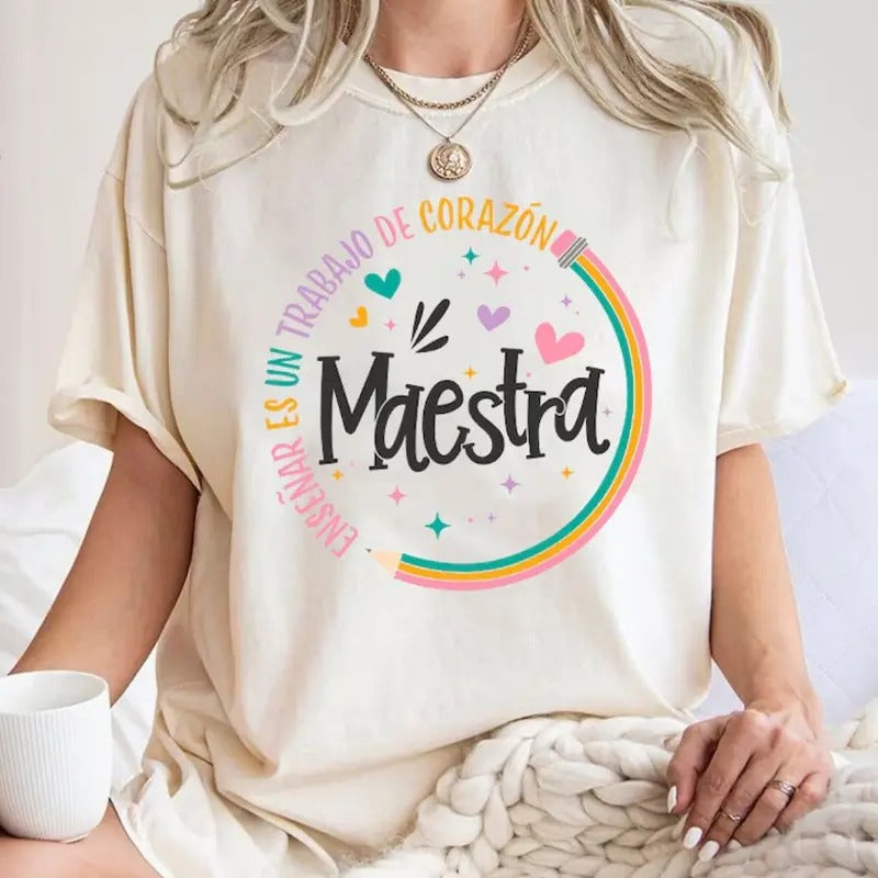 Spanish Teacher Rainbow Pencil Teach Faux Sequins - Adult & Kids T-Shirts, Sweatshirts & Hoodies apparel design preview 1