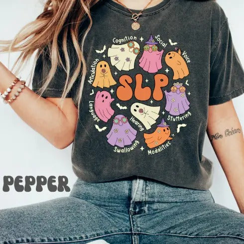 Speech Therapy SLP Ghost Halloween Spooky Fall Autumn - Adult & Kids T-Shirts, Sweatshirts & Hoodies apparel design preview 1
