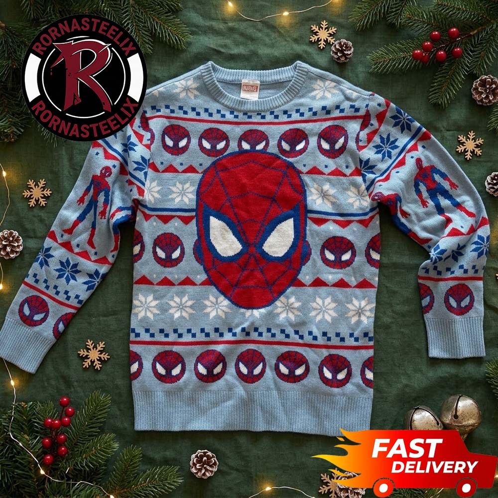 Spider Head Light Blue And Navy Pattern Gift Christmas Spider Man Ugly Christmas Sweater - Holiday Gift product image