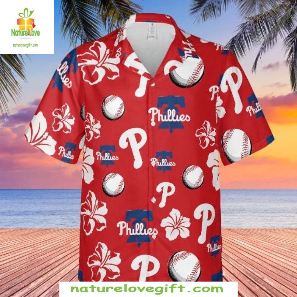 MLB Phillies Hawaiian Sporty Red Baseball Floral - Adult & Kids T-Shirts, Sweatshirts & Hoodies apparel design preview 1