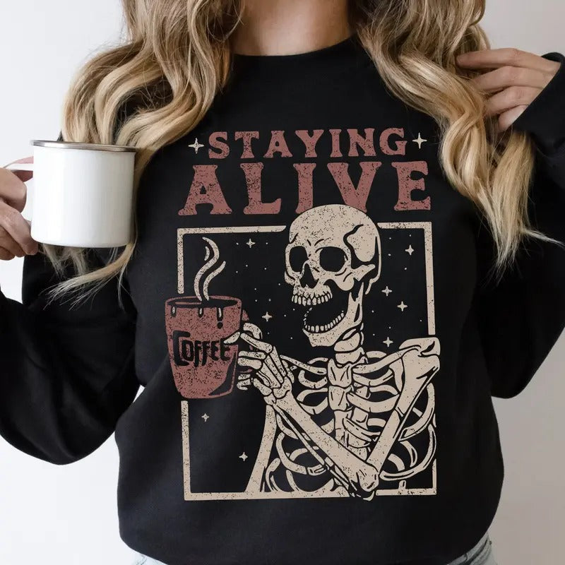 Staying Alive Coffee Funny Skeleton Halloween Vintage - Adult & Kids T-Shirts, Sweatshirts & Hoodies apparel design preview 1