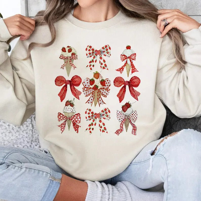 Strawberry Ice Cream Red Bow Girly Coquette Retro - Adult & Kids T-Shirts, Sweatshirts & Hoodies apparel design preview 1