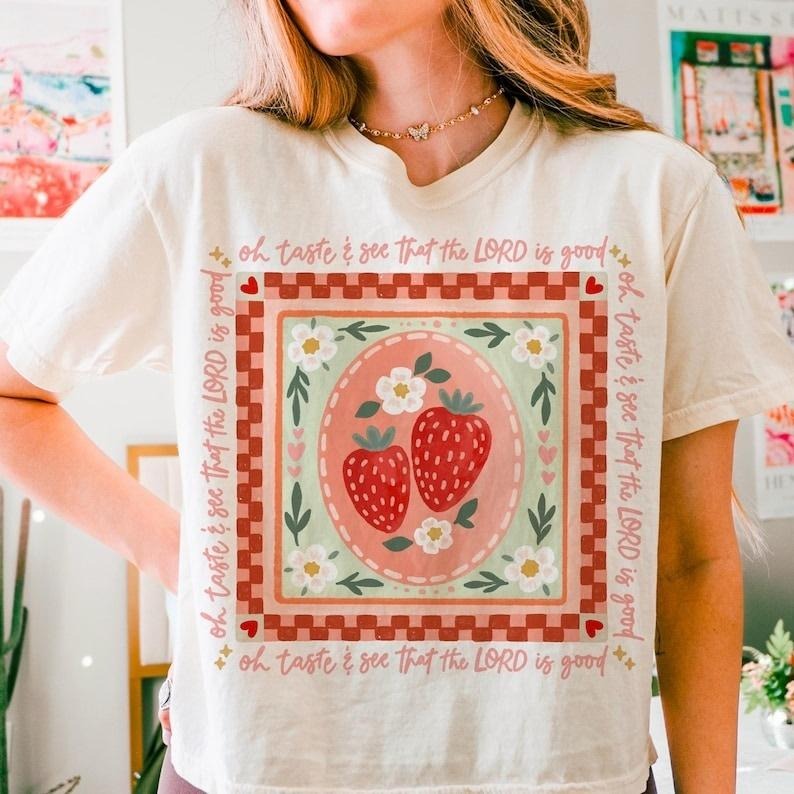 Strawberry Oh Taste See Floral Bible Verse Christian - Adult & Kids T-Shirts, Sweatshirts & Hoodies apparel design preview 1