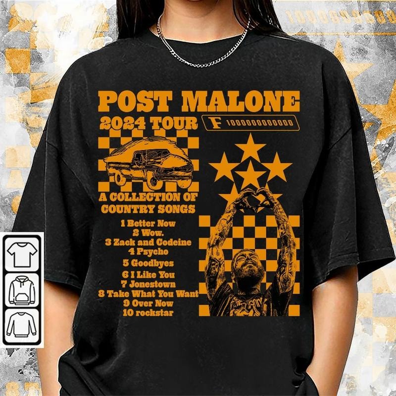 Post Malone Tour Music Country Song List Concert 2024 - Adult & Kids T-Shirts, Sweatshirts & Hoodies apparel design preview 1