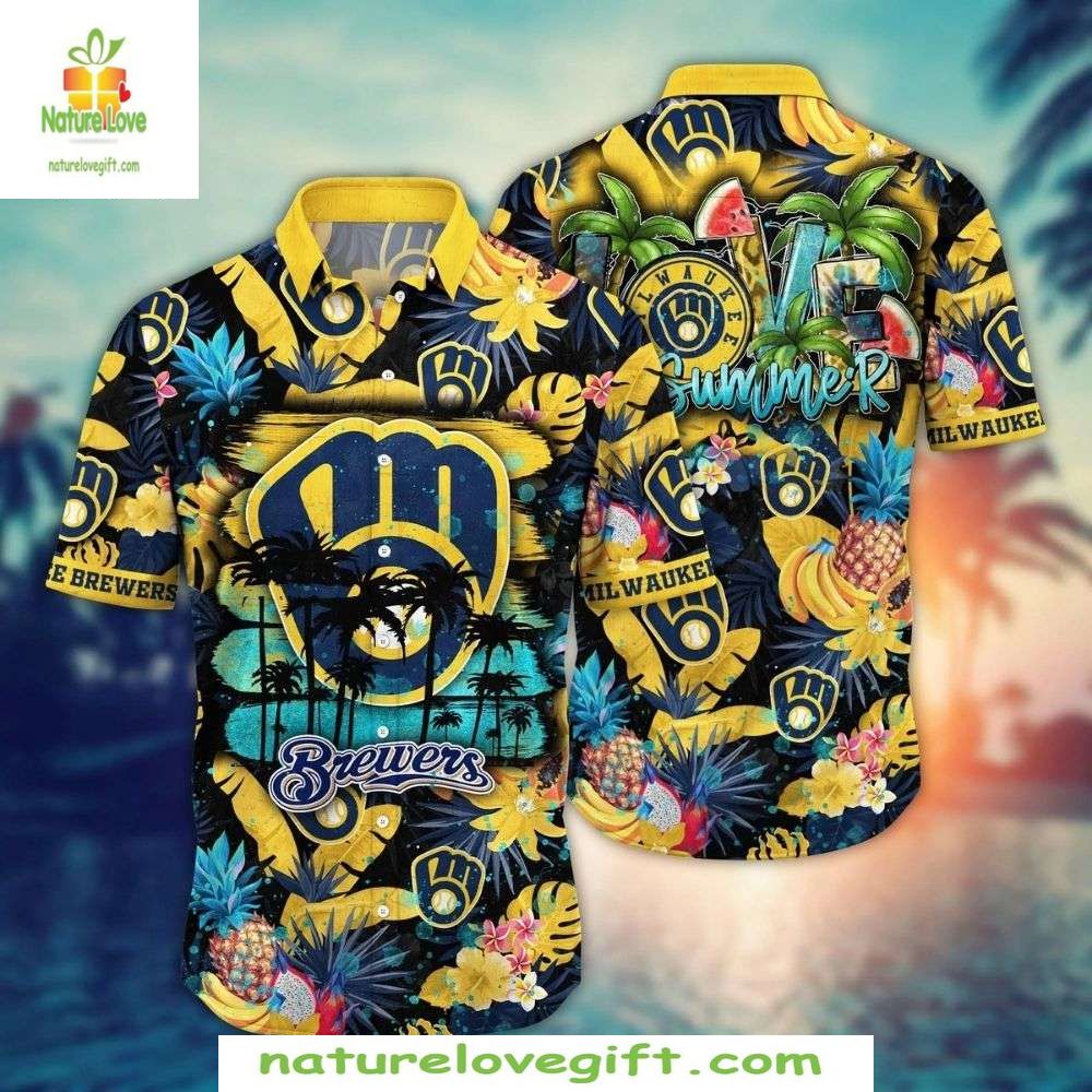 Milwaukee Brewers Hawaiian Summer Night Palm Baseball - Adult & Kids T-Shirts, Sweatshirts & Hoodies apparel design preview 1