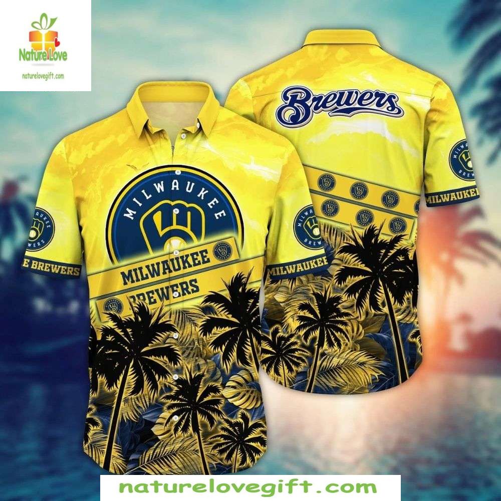 Milwaukee Brewers Hawaiian Sunny Palm Curve Stylish - Adult & Kids T-Shirts, Sweatshirts & Hoodies apparel design preview 1