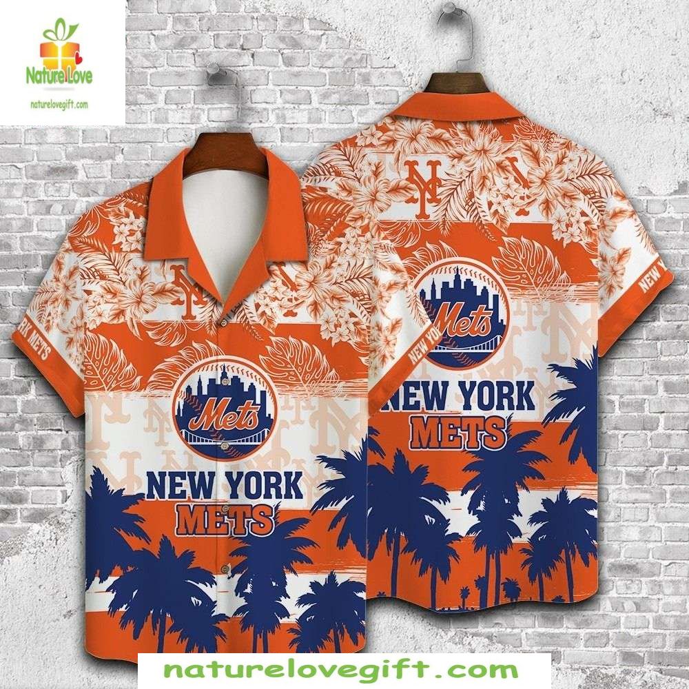 NY Mets Hawaiian Orange Sunset Palms Silhouette - Adult & Kids T-Shirts, Sweatshirts & Hoodies apparel design preview 1