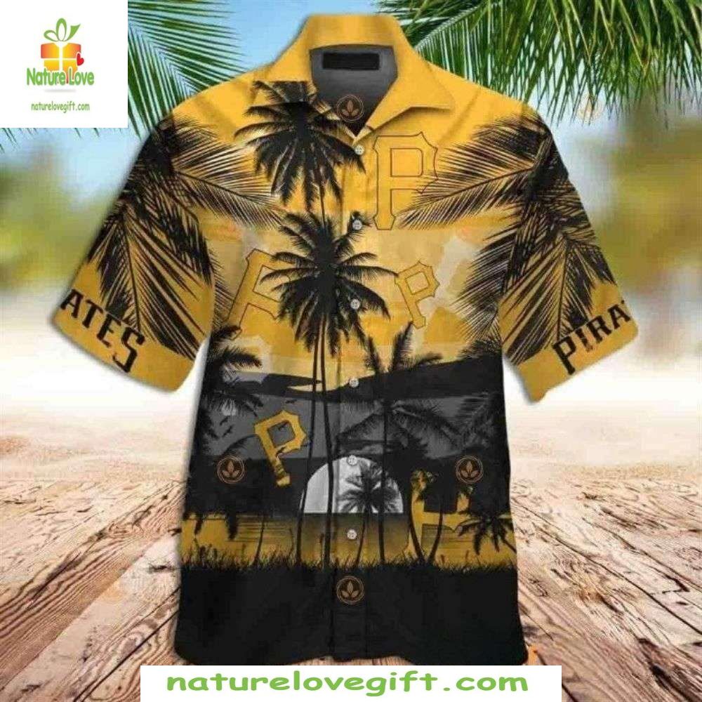 Pittsburgh Pirates Hawaiian Black Gold Sunset Palms - Adult & Kids T-Shirts, Sweatshirts & Hoodies apparel design preview 1