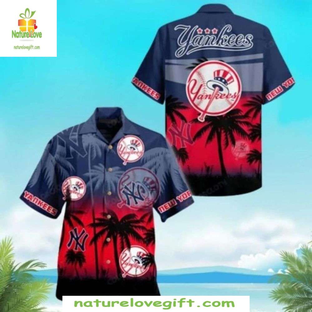 NY Yankees Hawaiian Red Blue Ombre Sunset Palms - Adult & Kids T-Shirts, Sweatshirts & Hoodies apparel design preview 1