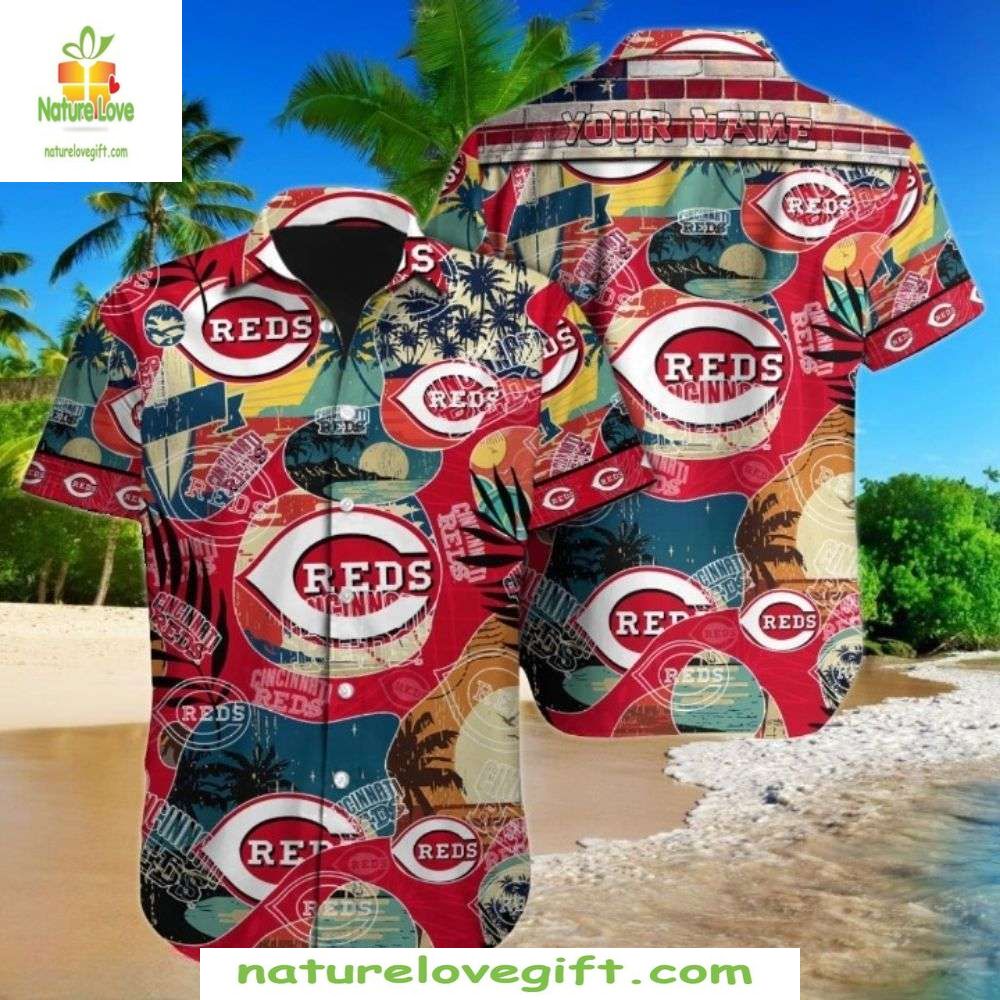 Cincinnati Reds Hawaiian Sunset Surfboards MLB - Adult & Kids T-Shirts, Sweatshirts & Hoodies apparel design preview 1