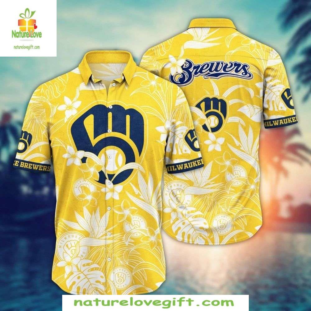 Milwaukee Brewers Hawaiian Floral Pitcher Stylish - Adult & Kids T-Shirts, Sweatshirts & Hoodies apparel design preview 1