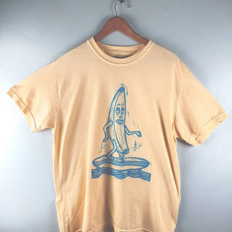 Surfing Banana Woodblock Hand Printed Cotton Menswear - Adult & Kids T-Shirts, Sweatshirts & Hoodies apparel design preview 1