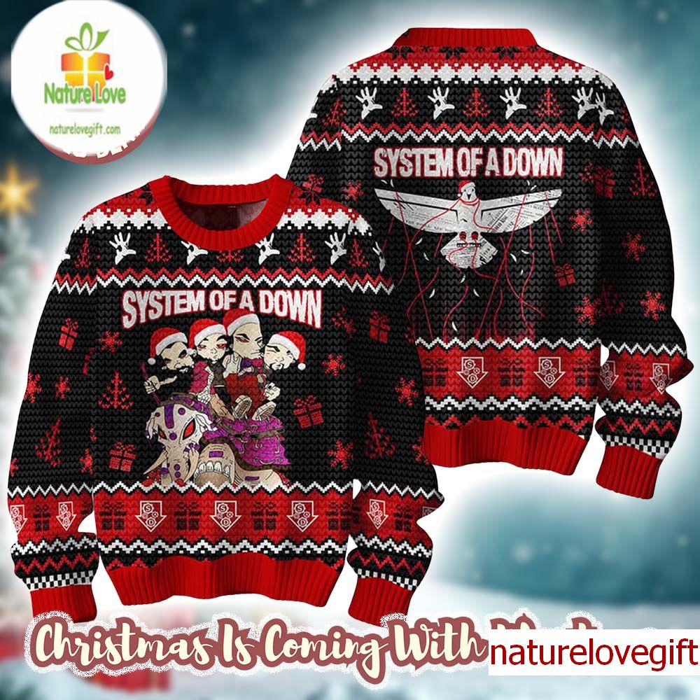 System Of A Down Band Members Santa Riding Elephant Knitted Ugly Christmas Sweater - Holiday Gift product image