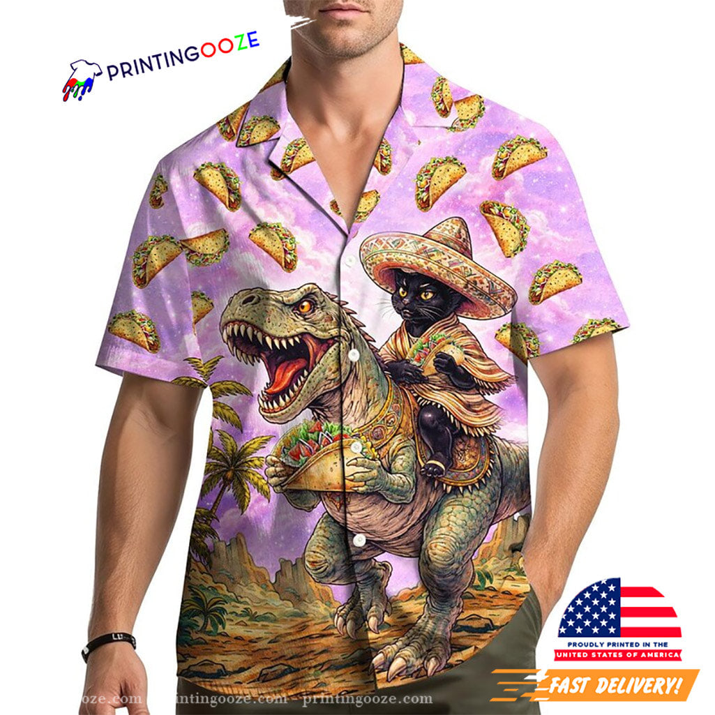 Taco Cat Riding Dinosaur Funny Cinco De Mayo Hawaiian - Adult & Kids T-Shirts, Sweatshirts & Hoodies apparel design preview 1