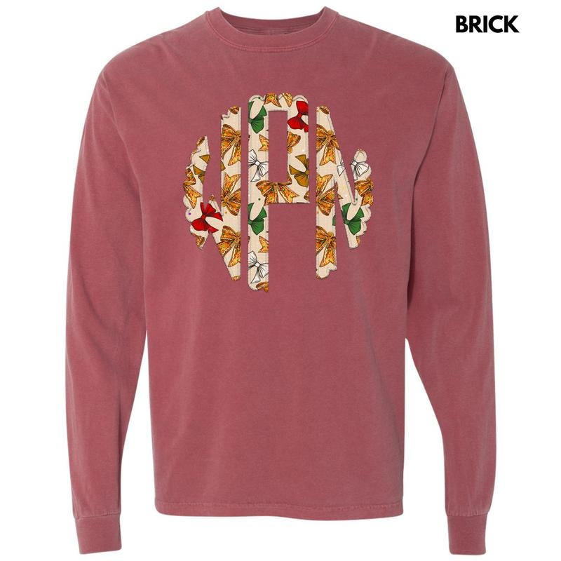 Tan Gingerbread Bow Monogram Comfort Colors 'NLB' - Adult & Kids T-Shirts, Sweatshirts & Hoodies apparel design preview 1