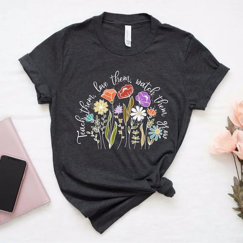 Teach Them Love Watch Grow Preschool Teacher Flower - Adult & Kids T-Shirts, Sweatshirts & Hoodies apparel design preview 1
