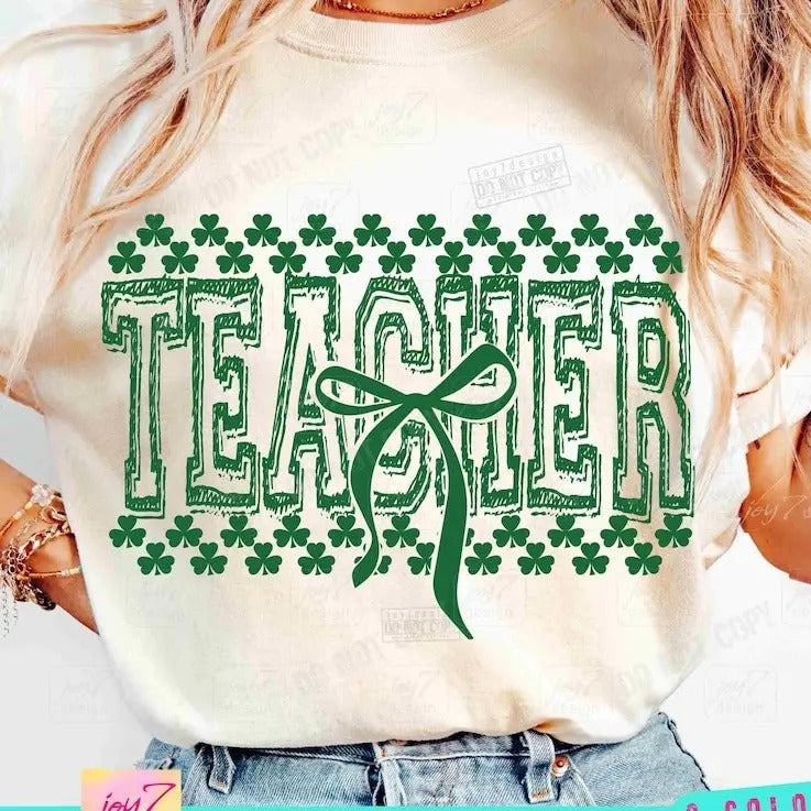 Teacher St Patricks Varsity Shamrock Coquette Day Bow - Adult & Kids T-Shirts, Sweatshirts & Hoodies apparel design preview 1
