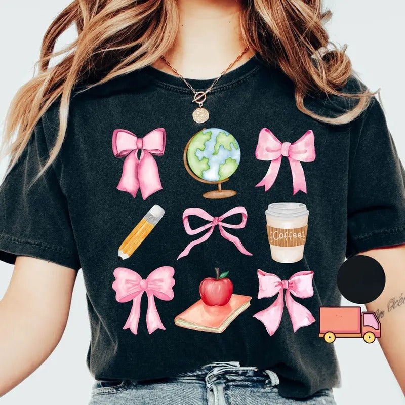 Teacher Pink Bows Coquette Back School Appreciation - Adult & Kids T-Shirts, Sweatshirts & Hoodies apparel design preview 1