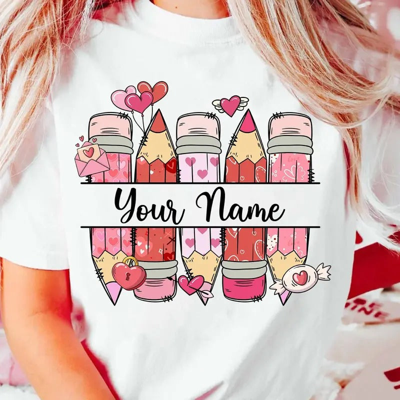 Teacher Valentine Custom Name Pencil Teaching Sweet - Adult & Kids T-Shirts, Sweatshirts & Hoodies apparel design preview 1